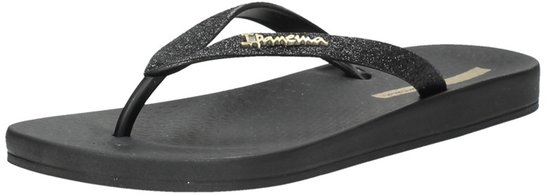 Zwarte Ipanema slipper met glitterband en gouden logo.
