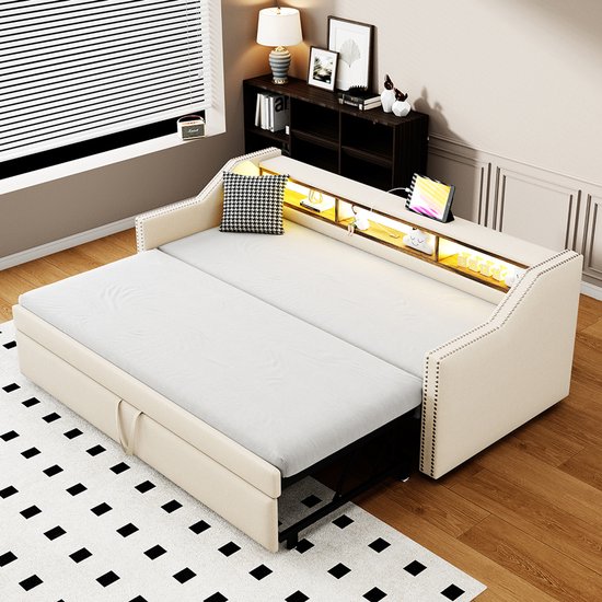 Canapé-lit 1 Place 90x200 Avec Bureau Intégré Et Rangements - USB/Type-C, Tiroirs, Tissu Lin - Idéal Ado Ou Studio