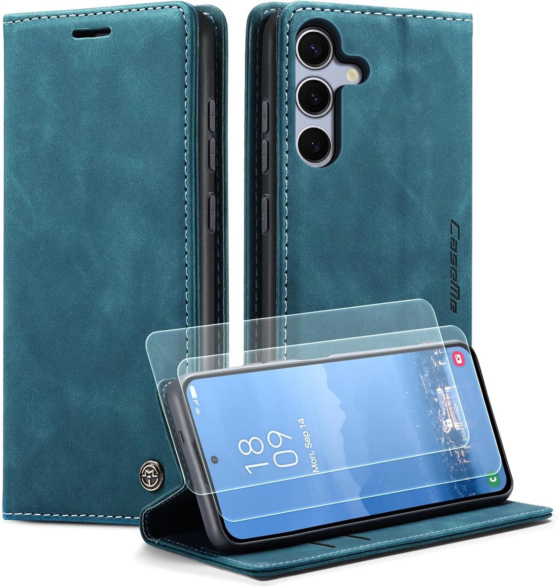 Zandarix Geschikt voor Samsung Galaxy S24/S25 5G - Beschermhoes met Magnetische Kaart Zak - Stand Functie - Met 2 Screenprotector - Book Case Hoesje - Blauw