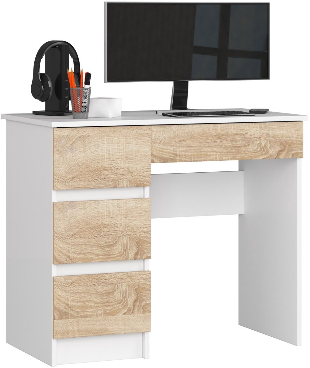 Akord Bureau Links A-7 / Computerbureau / Computer Tafel / Bureautafel Links / Wit – Sonoma Eik/ 90 x 77 x 50 cm