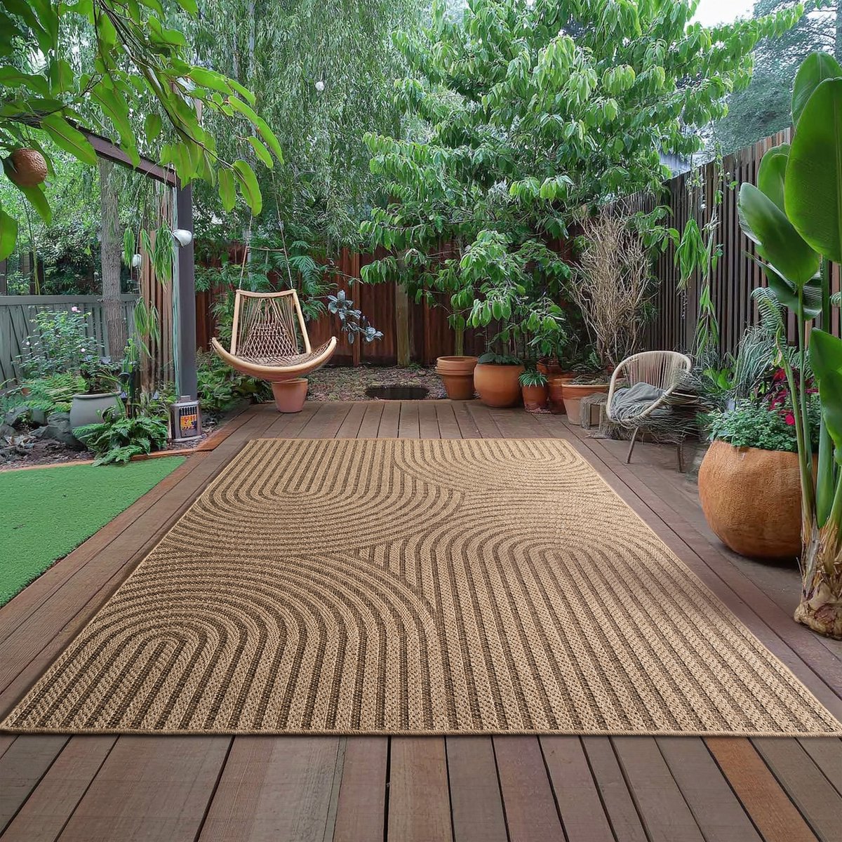 Timber Buitenkleed – Japandi, Indoor & Outdoor, Jute-Look Vloerkleed, Weerbestendig, Tuin, Balkonkleed - Beige
