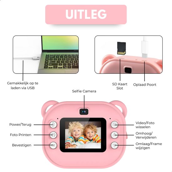 Boncy® Digitale Kindercamera met Foto Printer - Instant Print Kinder Camera - Fototoestel voor Kinderen Jongens & Meisjes - Digitaal Kindercamera's Speelgoed - Fotoprinter Speelgoedcamera Pocket Printer Roze
