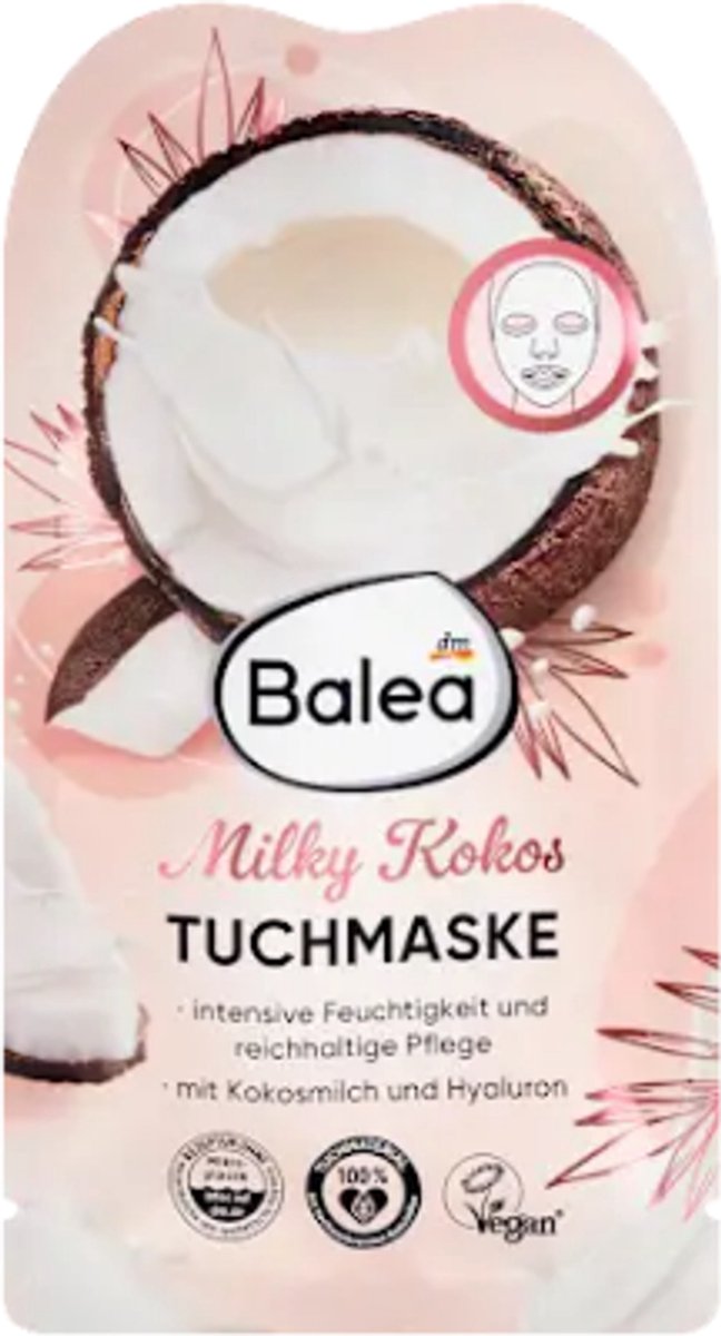 Balea Gezichtsmasker - Sheet Mask - Milky Kokos | 1x 20g - Met Kokosmelk en Hyaluronzuur | Voedende Formule - Rijke Verzorging