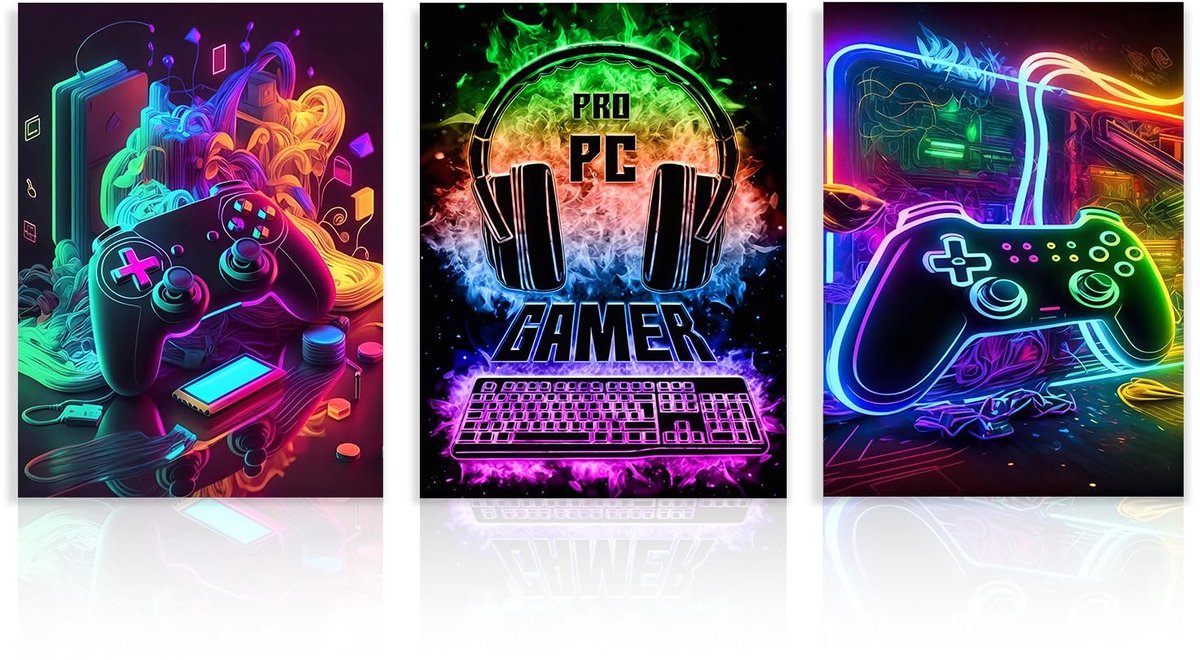 Ibenzoa® Drie Neon Gaming Poster Set - 30 x 40 cm - Canvas Prints - Geen Lijst