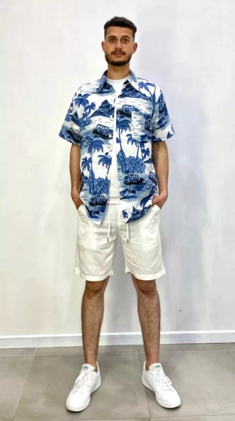 Chemise italienne d'été pour homme - Manches courtes - Imprimé palmiers - Col ouvert
