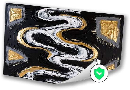 Zwarte abstracte stroom vormen - Rivier wanddecoratie - Poster golf - Abstract expressionisme - Muurdecoratie kinderkamer - Muurkunst - poster 70x50 cm