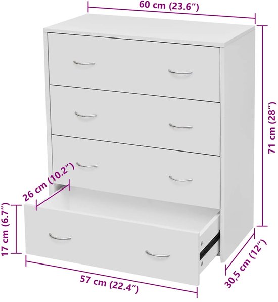 Buffet à 4 tiroirs 60x30,5x71 cm blanc
