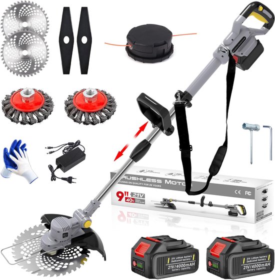 Gompuy Strimmer, Cordless Garden Strimmer with Blades, Grass Trimmer 90° Head Adjustment, Electric Strimmer with 2 X 21V Battery and UK Charger, Brush Cutter is Suitable for Small and Medium Gardens