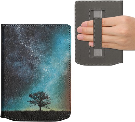 kwmobile e-reader hoesje geschikt voor Pocketbook Verse / Verse Lite / Verse Pro / Color / Vivlio Light/Light HD hoes - E reader flip case met magneetsluiting - Ereader cover - Sterrenstelsel en Boom design in blauw / grijs / zwart van kwmobile — afbeelding 2