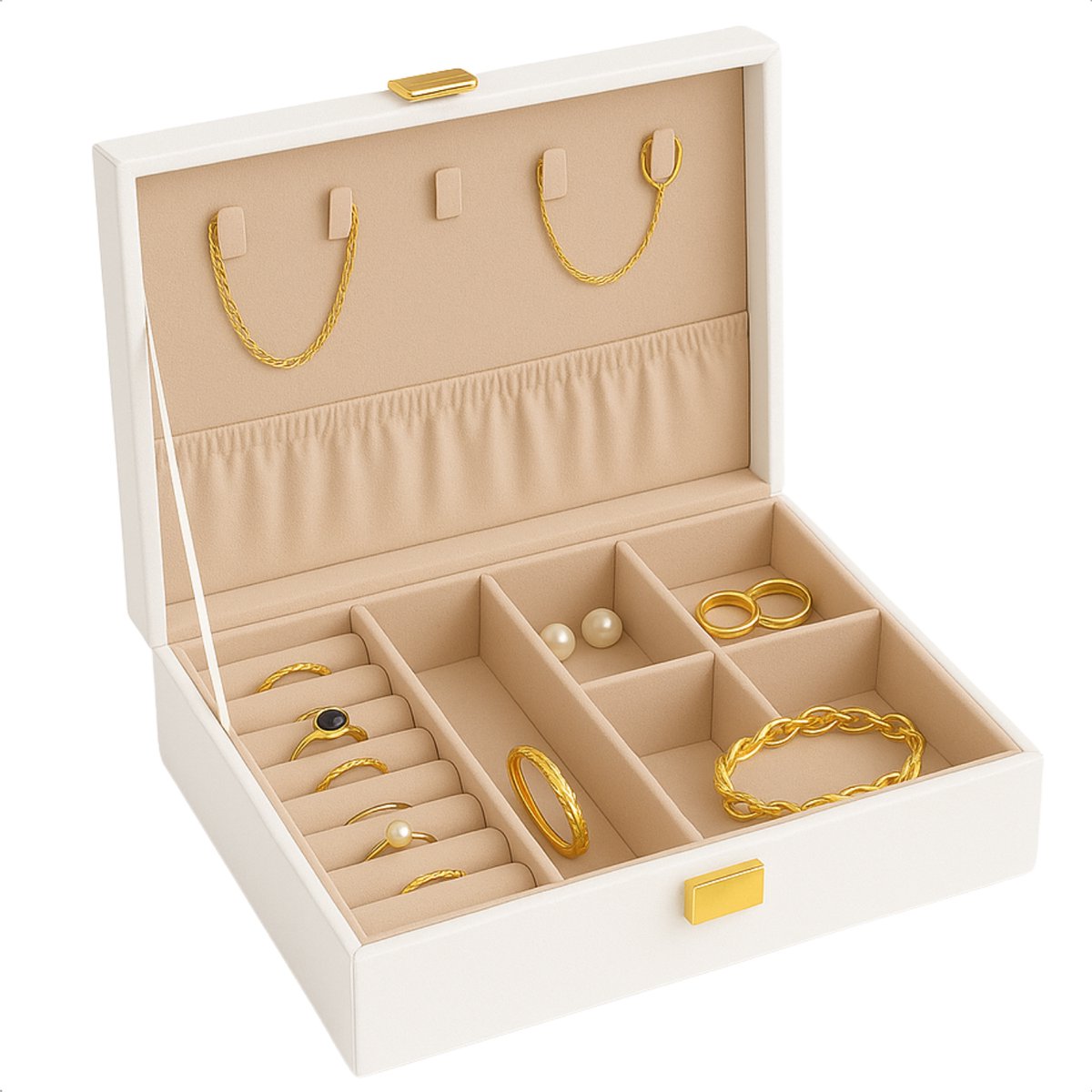 Cheqo® Sieradendoos Kunstleer - Bijouteriedoos - Sieradenkoffer - Juwelendoos - Sieraden Organizer - Wit - Sieraden Doos - Sieradendoosje Met Kettinghaakjes en Ringklemmen