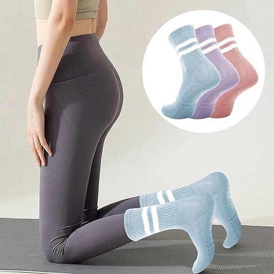 3 paar sokken - antislipsokken - vloersokken - puur katoenen sokken - antislipkousen - yogaoefeningsokken - one size fits all - geschikt voor yoga, ballet, dans, blotevoetentraining - roze, blauw, paars - blauw rood paars van Merkloos — afbeelding 2
