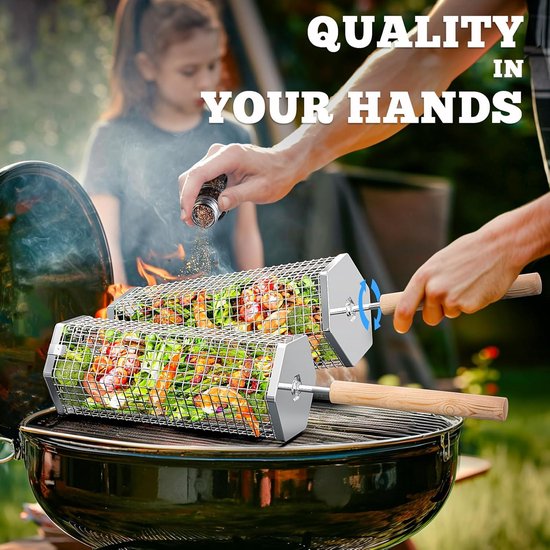 Famanu Rollende grillmanden (2 stuks, zeshoek), afneembaar houten handvat, 304 roestvrij staal, nestend grillnet, barbecue-accessoires gereedschap voor groenten garnalen, buiten koken kamperen van Famanu — afbeelding 5