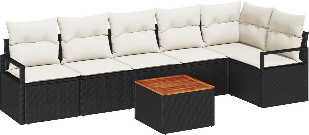vidaXL - Tuinbank - Set - met - kussen - 7 - pcs - Zwart - poly - rattan