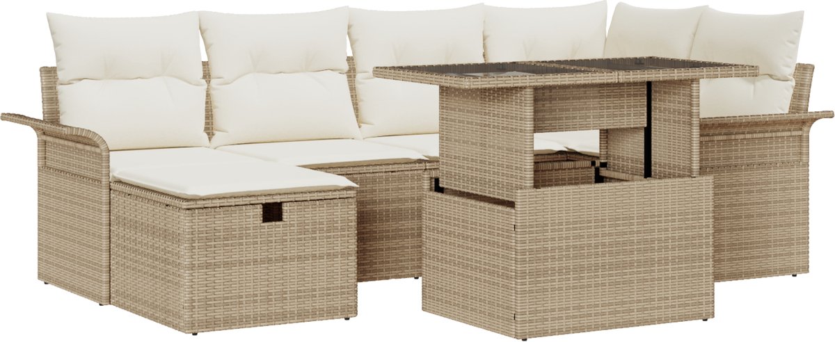 vidaXL - Tuinbank - Set - met - kussen - met - opslag - 7 - pcs - Beige - poly - rattan