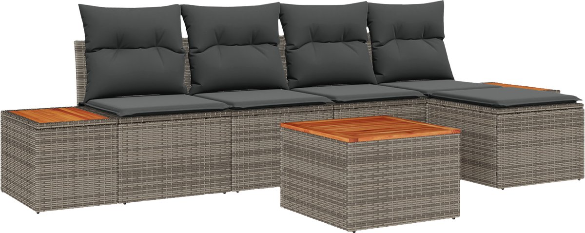 vidaXL - Tuinbank - Set - met - kussen - 6 - pcs - Grijs - Poly - rattan