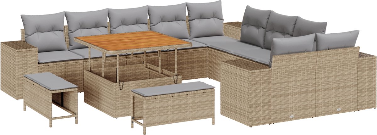 vidaXL - Tuinbank - Set - met - kussen - 13 - pcs - Beige - en - Lichtgrijs - poly - rattan