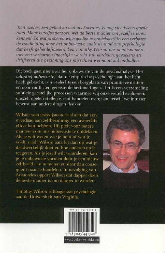 Boekrug met tekst en foto van Timothy Wilson, hoogleraar psychologie.