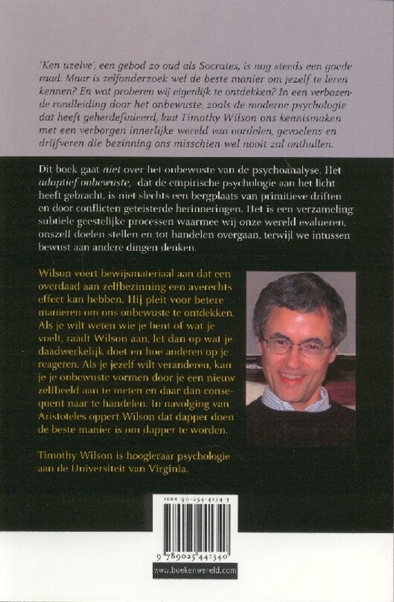 Boekrug met tekst en foto van Timothy Wilson, hoogleraar psychologie.