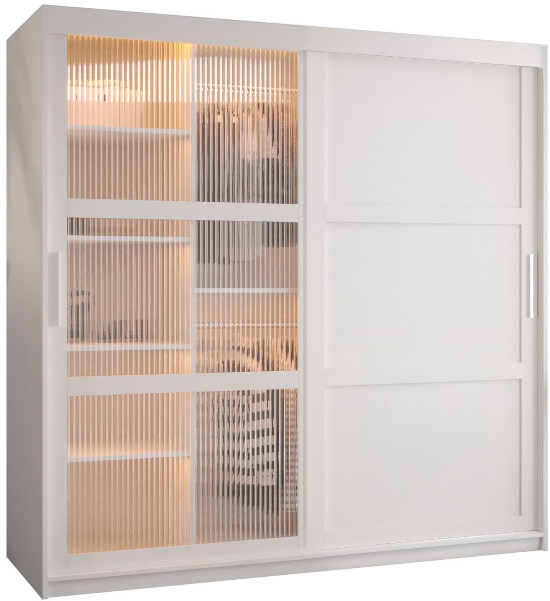 Zweefdeurkast Kledingkast met 2 schuifdeuren glanzen slaapkamerkast Kledingstang met planken Garderobekast met geribbeld glas - ARTON 3 (180 cm, Wit) met lades