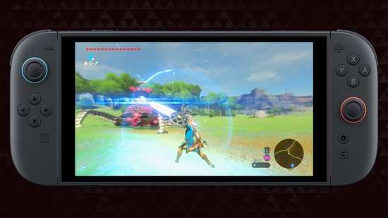 Een Nintendo Switch-console toont het spel 'The Legend of Zelda: Breath of the Wild', waarin Link vecht tegen een Guardian.