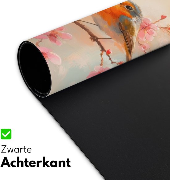 Bureau onderlegger 80x40 cm - Muismat Roodborstjes - Sierlijk - Bloesemtak - Bureaumat - Mousepad XXL - Bureau mat - Muismatten groot - Desk organizer - Bureaulegger