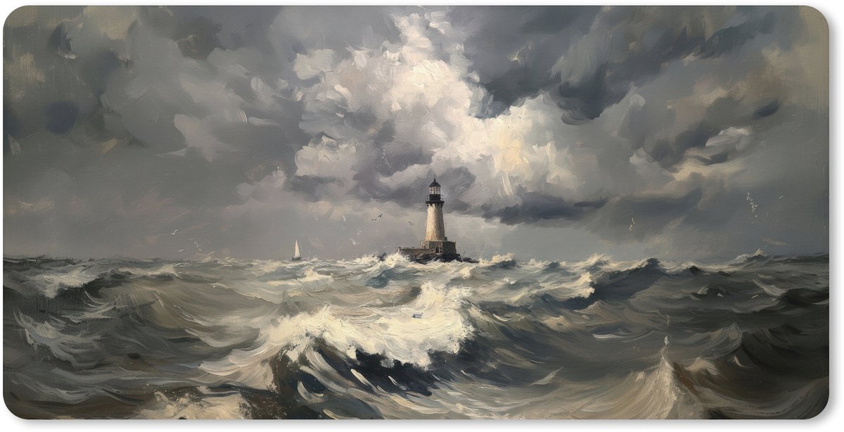 Muismat XXL 120x60 cm - Bureau onderlegger - Bureau mat Vuurtoren - Golven - Storm - Bureaumat - Gaming mousepad xl - Bureaulegger groot - Computer deskmat