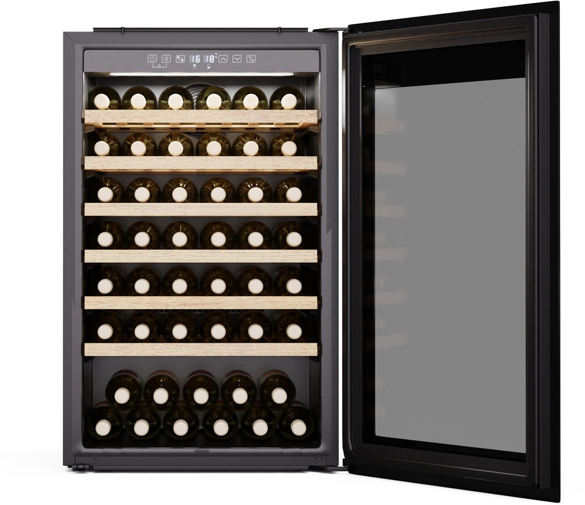 Klarstein Wijnkoeler Rhone 59 Uno - 59 flessen, 1 zone, 5-20 °C, LED-bediening, UV-bescherming, stille werking, zwart - Wijnkoelkast - 152L 38 dB - voor Wijnliefhebber voor Bar - Glazen Deur Houten Schappen - Wijnklimaatkast - Wijnkast