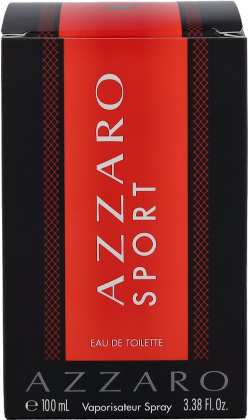AZZARO SPORT Eau de Toilette doosje, zwart met een rode band.