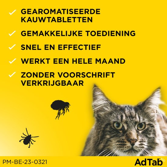 Een cyperse kat kijkt naar de camera. Tekst: Gearomatiseerde kauwtabletten, gemakkelijke toediening, snel en effectief, werkt een hele maand, zonder voorschrift verkrijgbaar. Vlooien en teken illustraties.