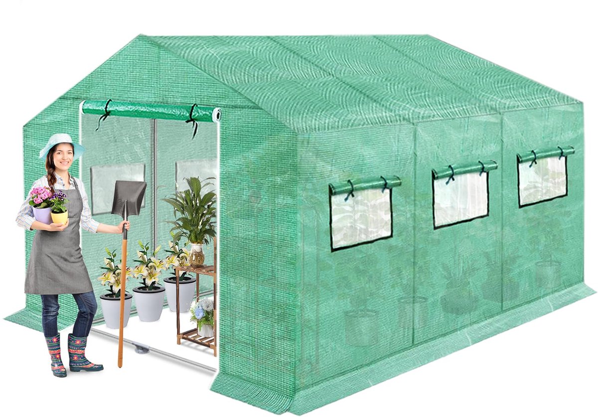 NAIZY foliekas 4.5x2x2m, tuinkas met raam en deur, kas voor tomaten en planten, groen