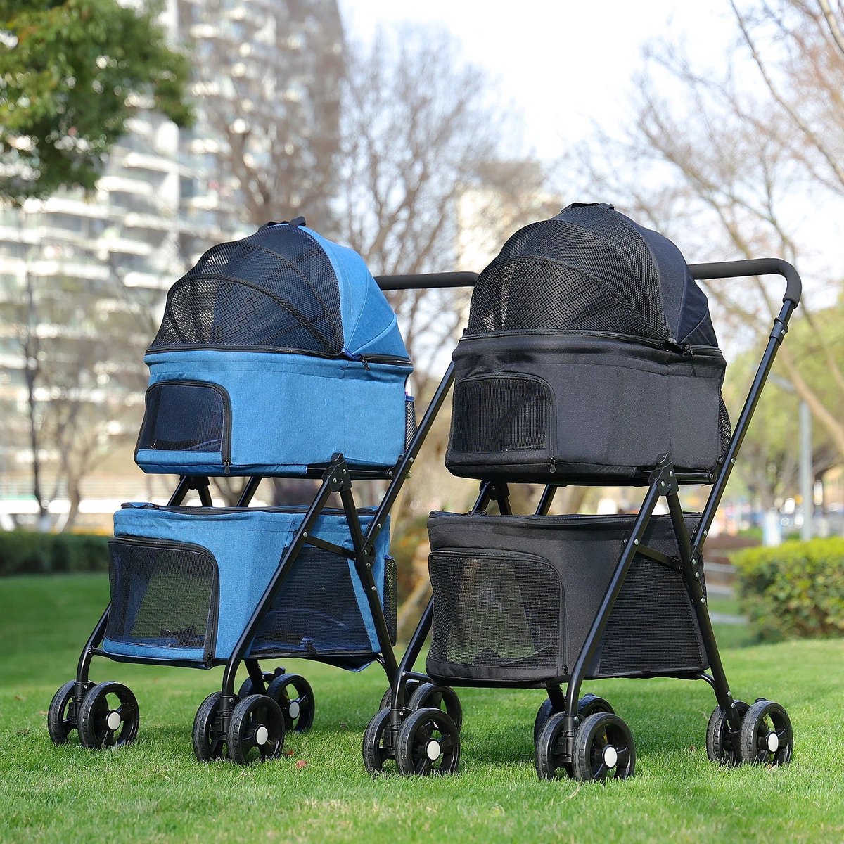 Hondenbuggy - Wagen - Huisdierenwagen - met Opbergzak - Opvouwbare - 360° Grote Wielen - 4-Wiel - Weerbestendige Coating - Gaasvensters - Lichtgewicht - Katten - Kleine Honden - Groen