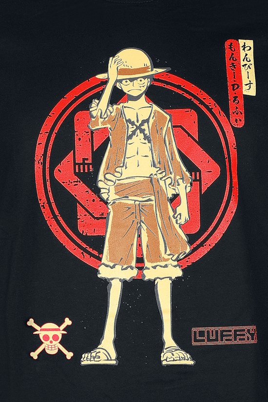 Een t-shirt met een opdruk van Monkey D. Luffy in bruine kleding, met een strooien hoed, een rood symbool en een schedel.