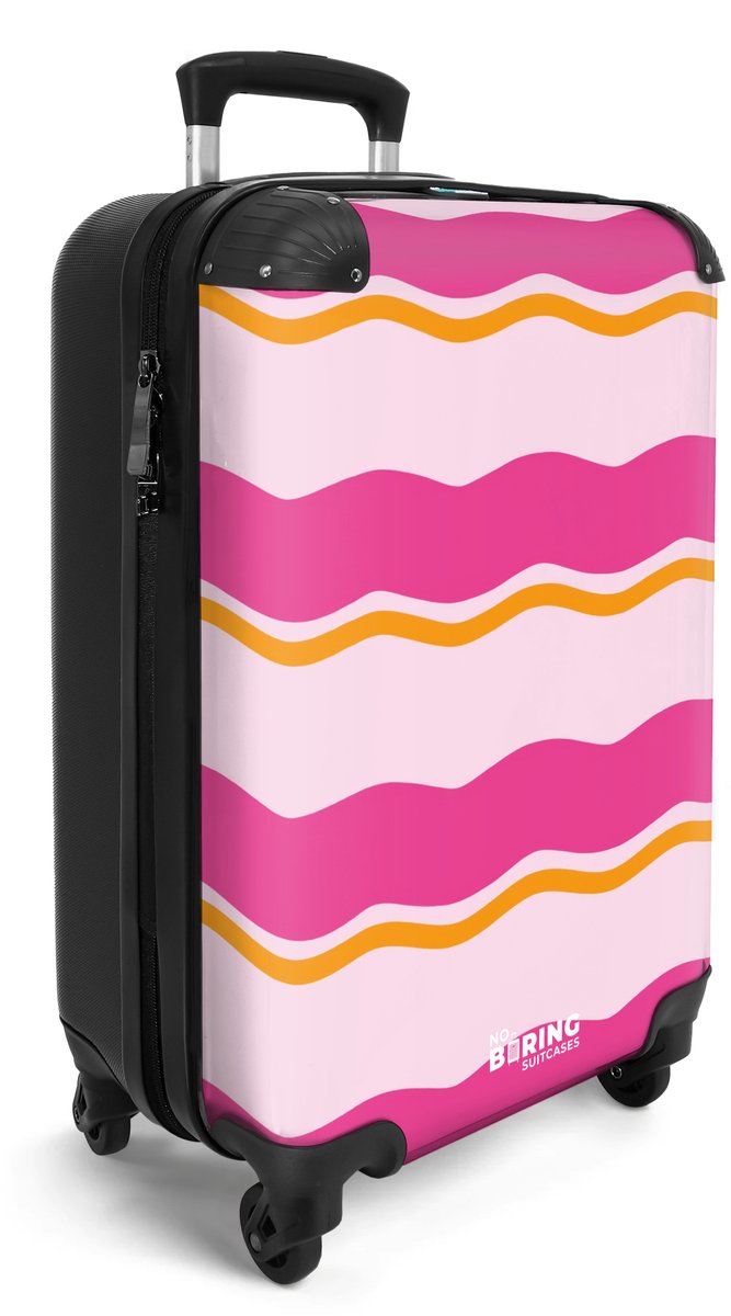 NoBoringSuitcases.com® - Handbagage koffer lichtgewicht - Reiskoffer trolley - Golvende strepen in roze en oranje - Vakantie rolkoffer met wieltjes - Carryon suitcase - Flightcase - Cabin koffertje - Past binnen 55x40x20 en 55x35x25