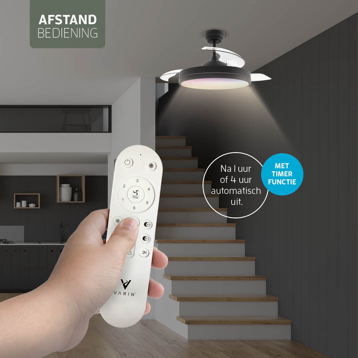 Varin® Smart Plafondventilator met verlichting - Zwart - Tuya Wifi - LED 36W RGBW - Ø 50cm/108cm - Super stil - Smart lamp - Plafondlamp slaapkamer - Plafonniere woonkamer - Plafondlampen - Plafond lamp - Verlichting kinderkamer - Ventilator thumbnail 4