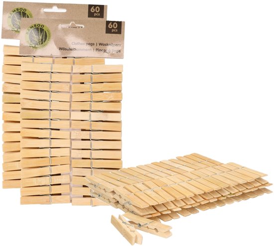 120x stuks voordeelpak stevige wasknijpers/wasgoedknijpers van bamboe hout - 7 x 1 cm per stuk