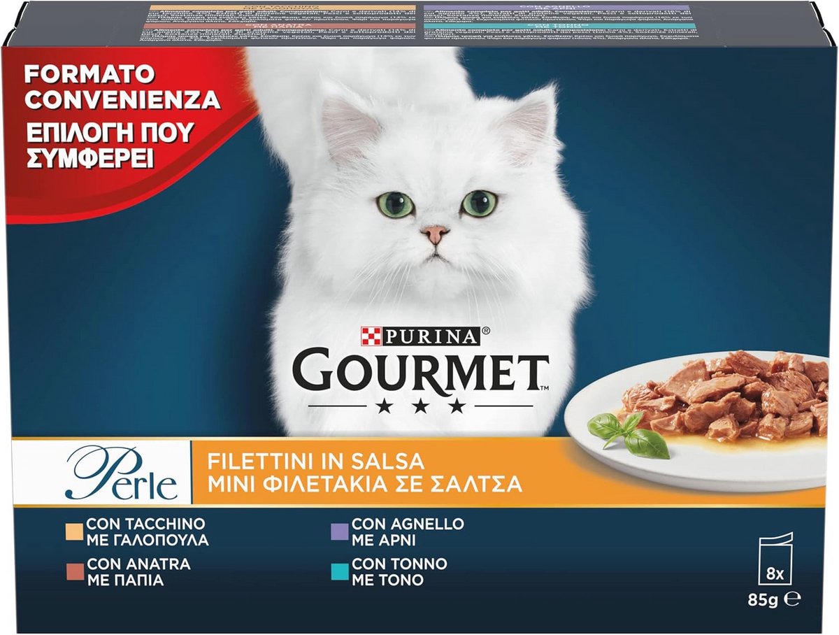 Natte Filets in Saus voor Katten - Kalkoen, Tonijn, Eend en Lam - 80 Zakjes à 85 g