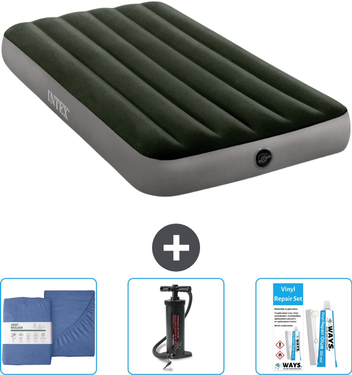 Intex Luchtbed - 1-Persoons - 99 x 191 x 25 cm - Groen - Inclusief Hoeslaken - Pomp en Reparatieset