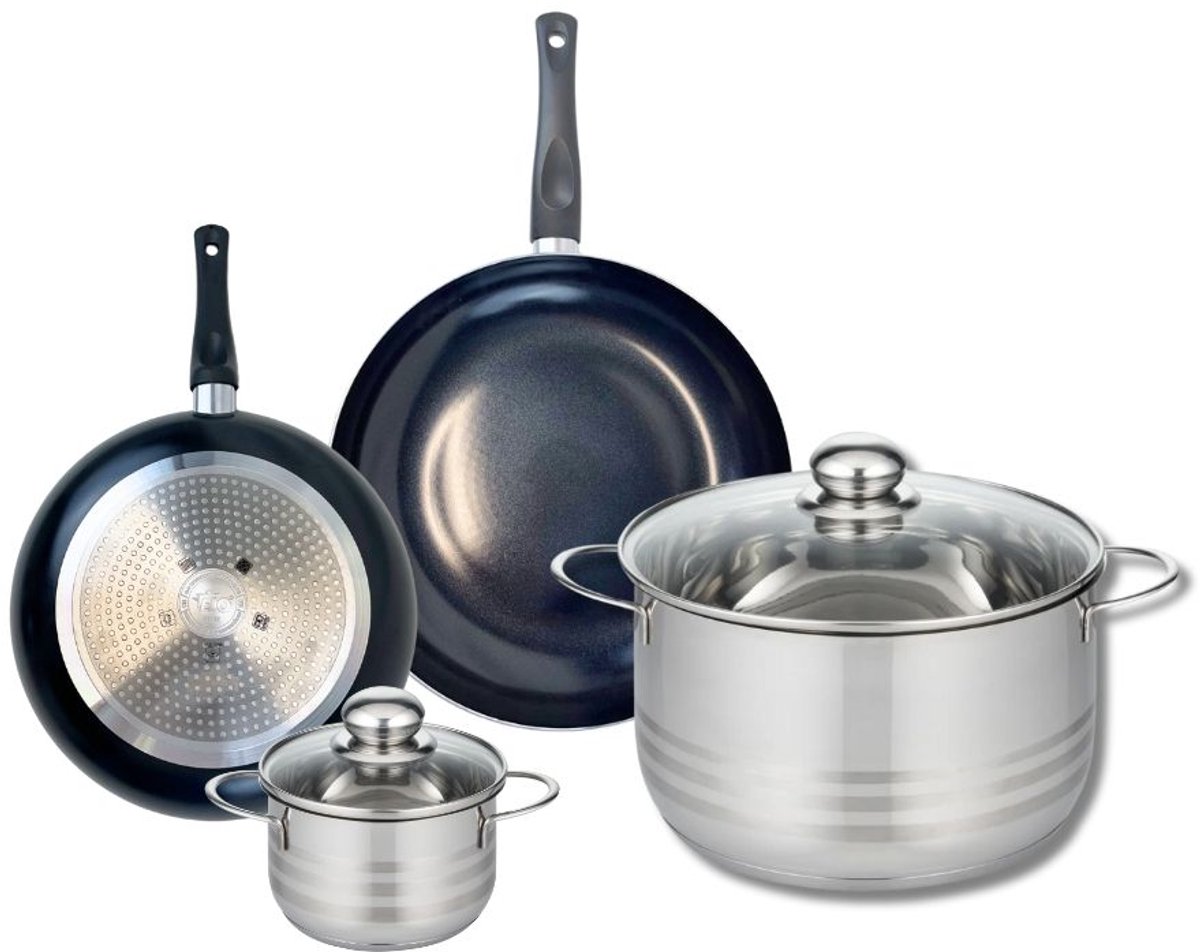 Set van 2 Koekenpannen 20 en 24 cm en 2 Kookpannen 12 en 24 cm Elo Prima Glanzend