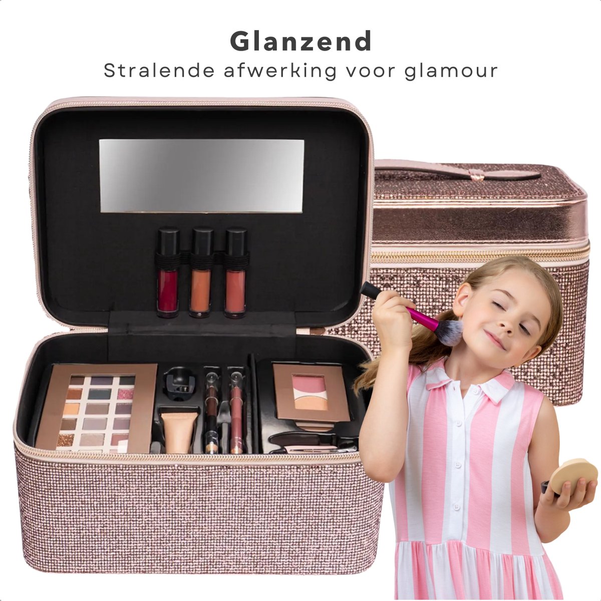 Cheqo® Beautycase Brons Glitter - Luxe Make-up Koffer met Spiegel - Complete Reisset - Beauty Case met Vakken - Visagiekoffer - Cosmeticakoffer - Beautycase