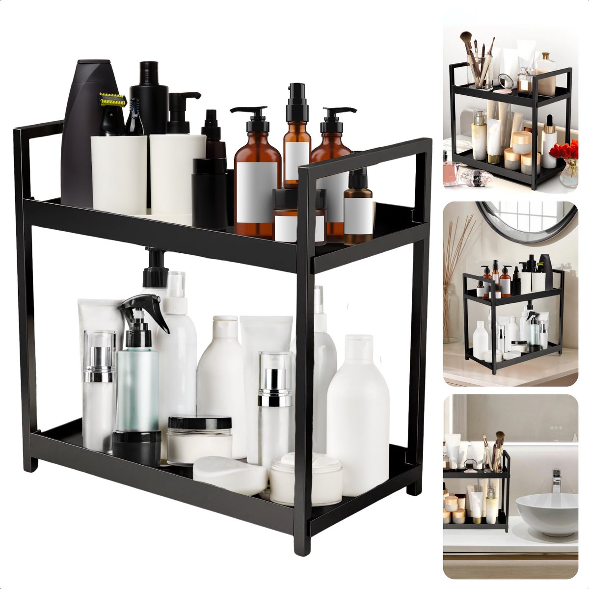 Cheqo® Aanrechtorganizer Zwart - Badkamerrek Kunststof - Compact Keukenrek - Badkamerrek - Keukenrek - Opbergrek - Metaal Frame