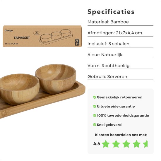 Doos van een Cheqo Tapas Set met drie bamboeschalen en een serveerplank. Afmetingen 21x7x4,4 cm. Materiaal: Bamboe.