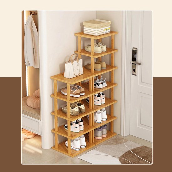 Hzuaneri Vertikales Schuhregal, 11 Ebenen Schmale Schuhregale, Holz-Schuh-Organizer für Schrank, Eingang, Schuhturm für Kleine Räume, Freistehend, Verstellbar, mit Haken, 25B cm, Weiß SR12403X