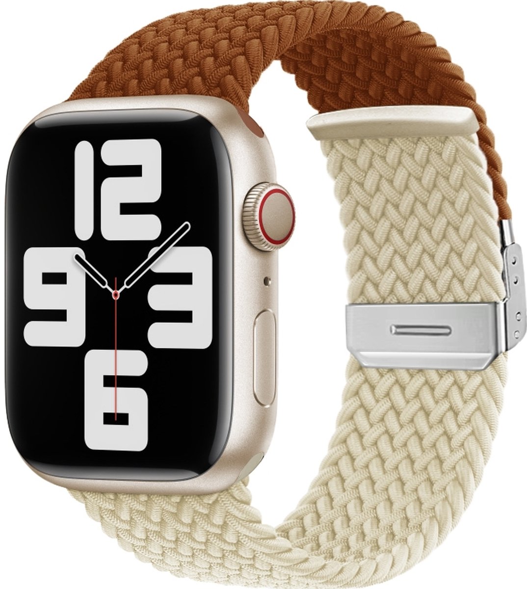 Mobigear Nylon Watch bandje geschikt voor Apple Watch Bandje Klemsluiting | Mobigear Braided Dual - 49/46/45/44 mm - Bruin / Sterrenlicht