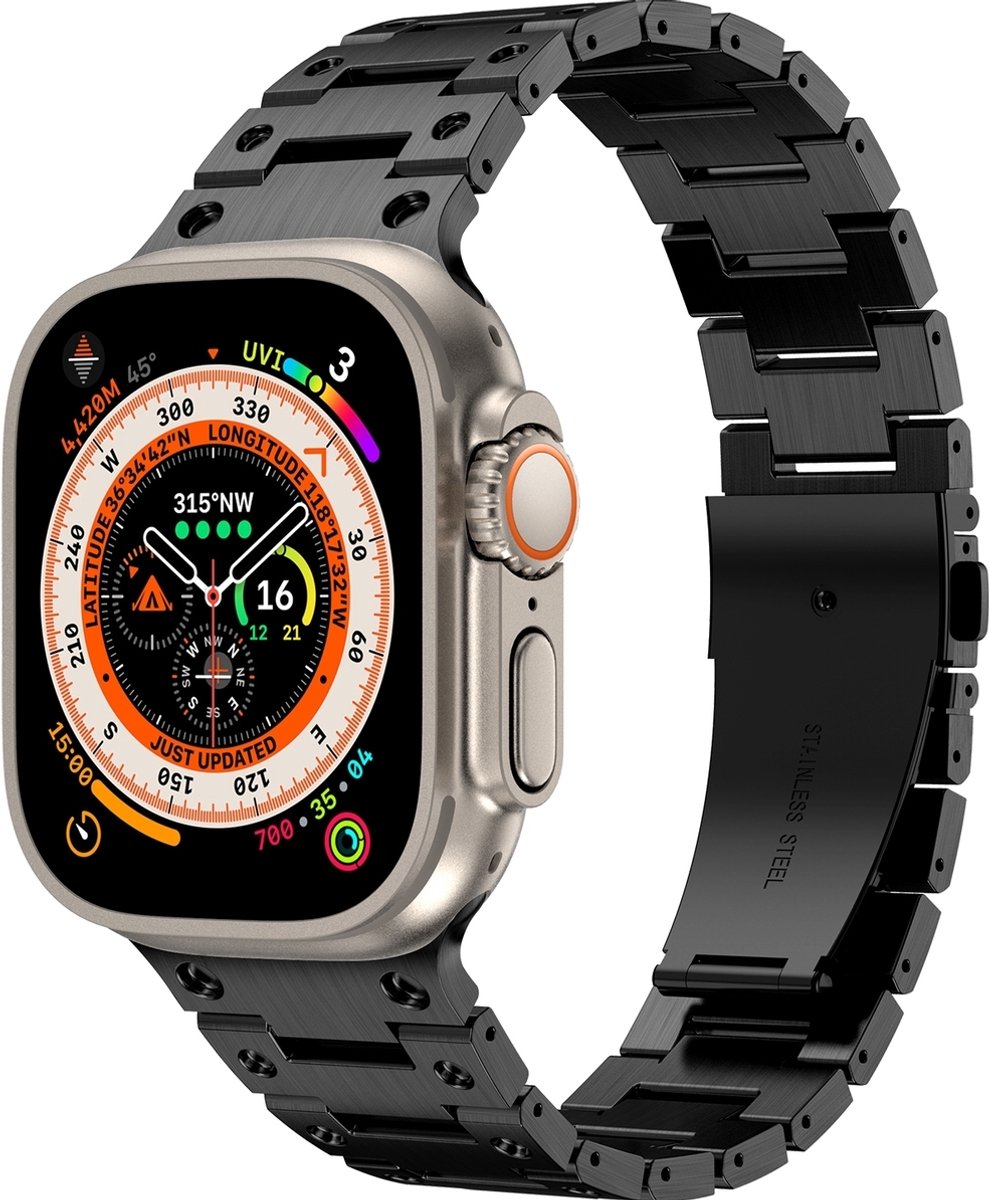 Mobigear Stalen Watch bandje geschikt voor Apple Watch Bandje Vouwsluiting | Mobigear Amsterdam - 42/41/40/38 mm - Zwart