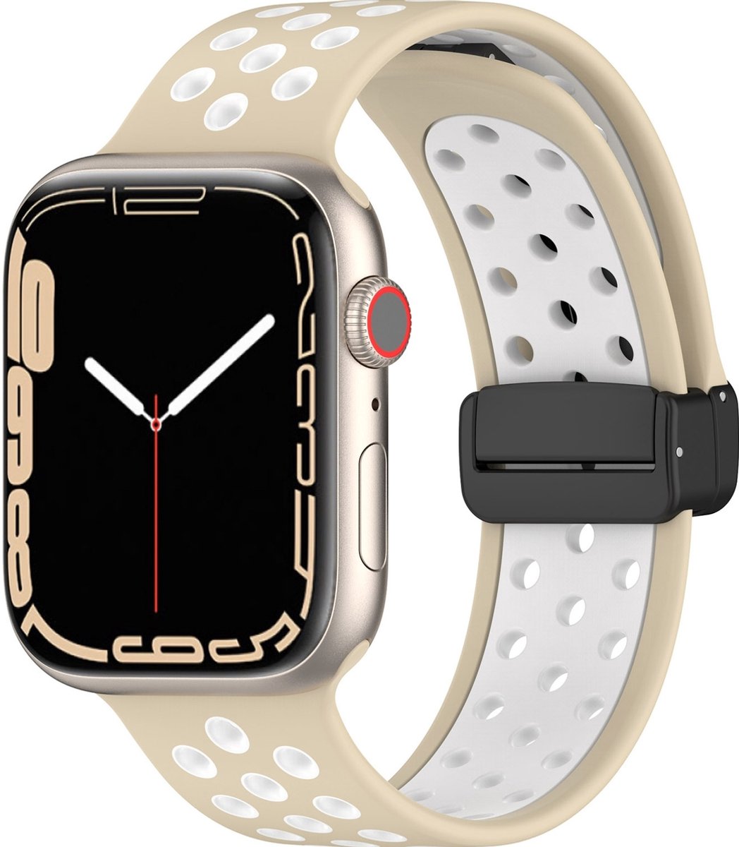 Mobigear Siliconen Watch bandje geschikt voor Apple Watch Bandje Magneetsluiting | Mobigear Sport Plus Mag - 49/46/45/44 mm - Wit / Beige
