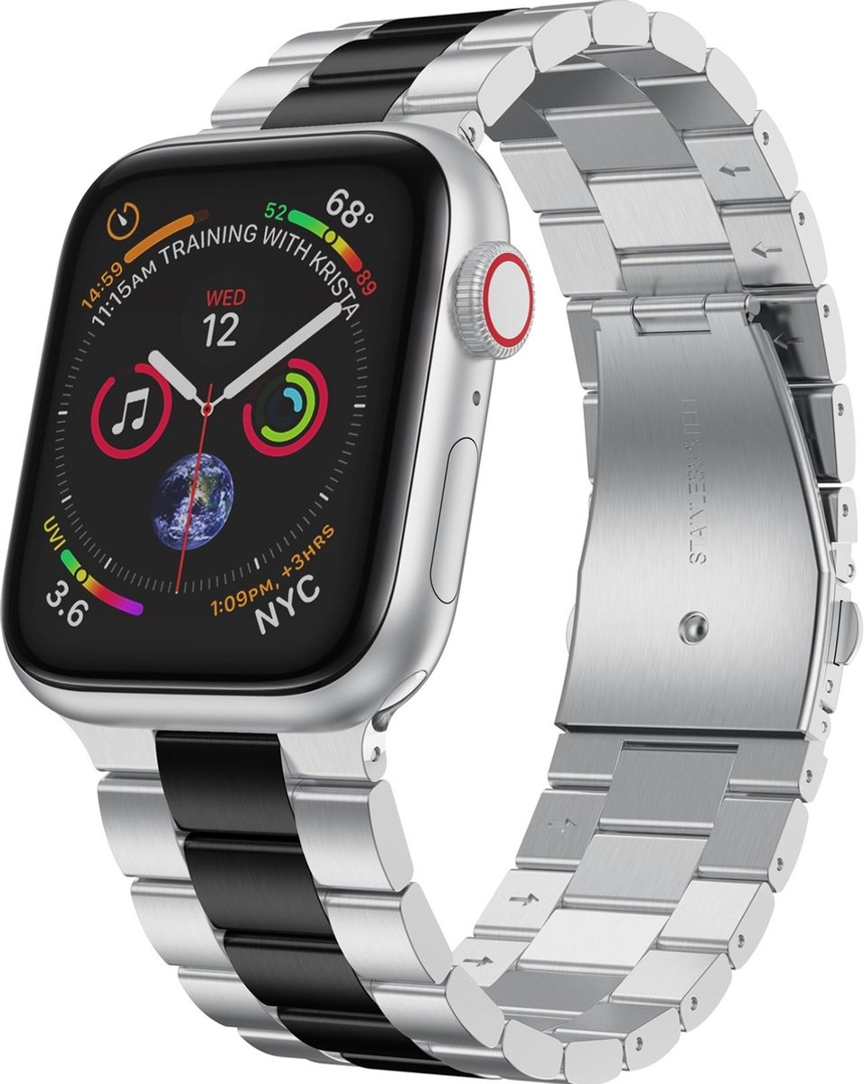Mobigear Stalen Watch bandje geschikt voor Apple Watch Bandje Vouwsluiting | Mobigear Lissabon - 42/41/40/38 mm - Zwart / Zilver
