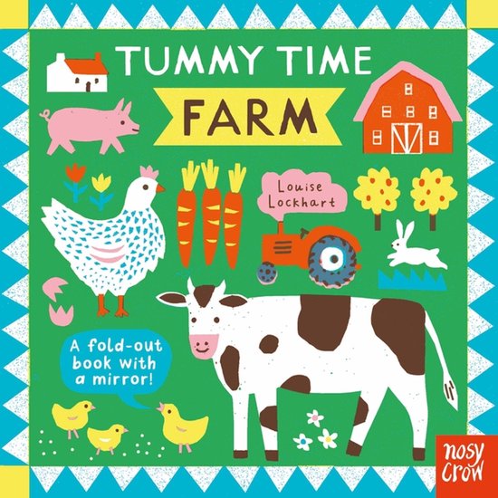 Boek "Tummy Time Farm" met een boerderij, varken, kip, kuikens, koe, konijn, tractor en wortels.