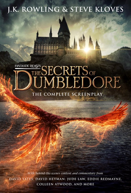 Boekomslag van De Geheimen van Dumbledore, met Hogwarts en een vogel van vuur.