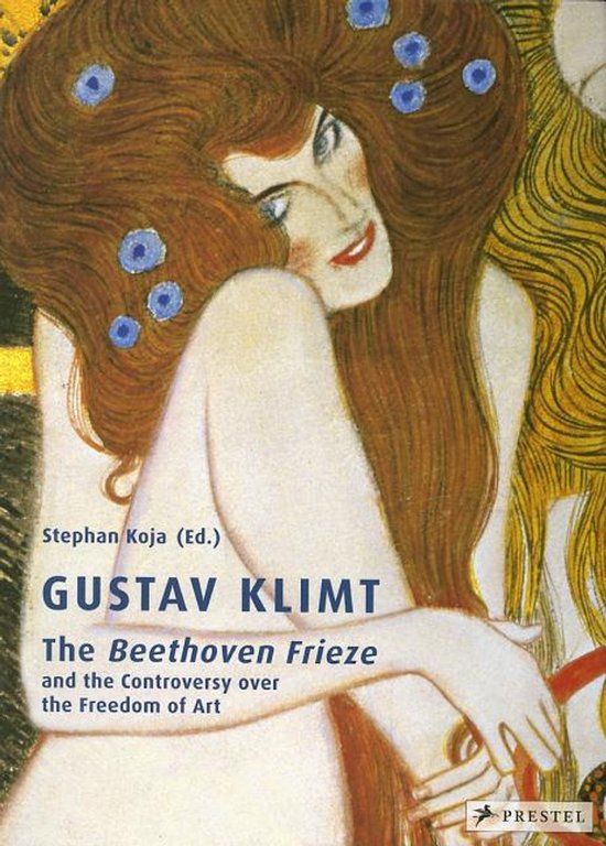 Boek 'Gustav Klimt: The Beethoven Frieze' met een afbeelding van een vrouw met lang rood haar, versierd met blauwe bloemen.