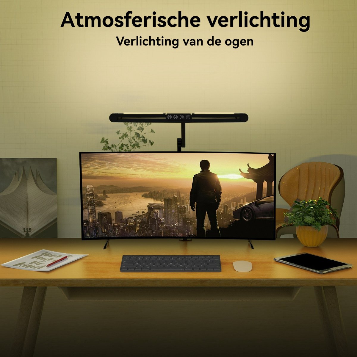 OnmiMartBureaulamp LED Dimbaar – Bureaulamp met Klem – Tafellamp – Hobbylamp – Ledlamp - Klemlamp - Afstandsbediening - Touch Screen-Verlichtingsbereik van 80 inch (ca. 203 cm)- Drievoudig opvouwbaar ontwerp- Verstelbare lamp voor grote schermen thumbnail 3